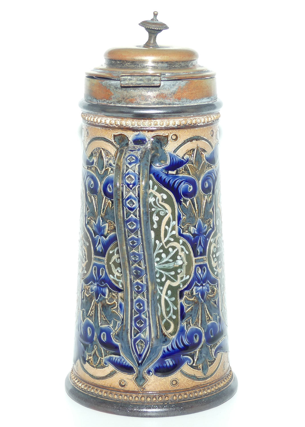 Doulton Lambeth stoneware lidded ale jug with pate-sur-pate cartouches and incised scrollwork  (Parker)