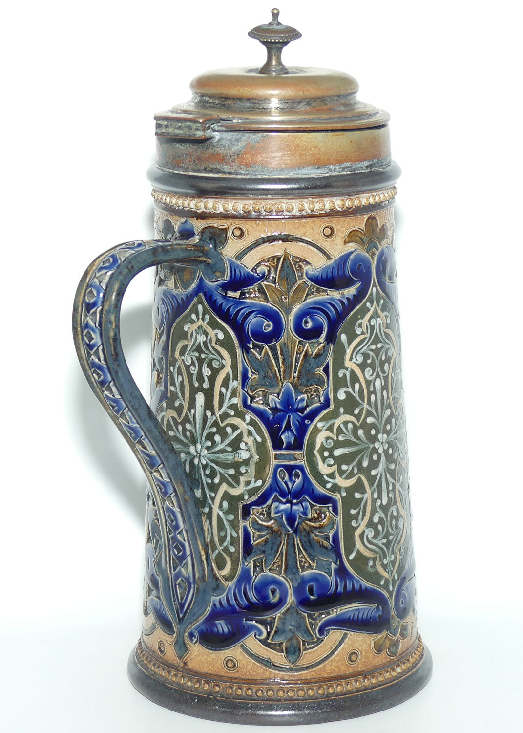 Doulton Lambeth stoneware lidded ale jug with pate-sur-pate cartouches and incised scrollwork  (Parker)