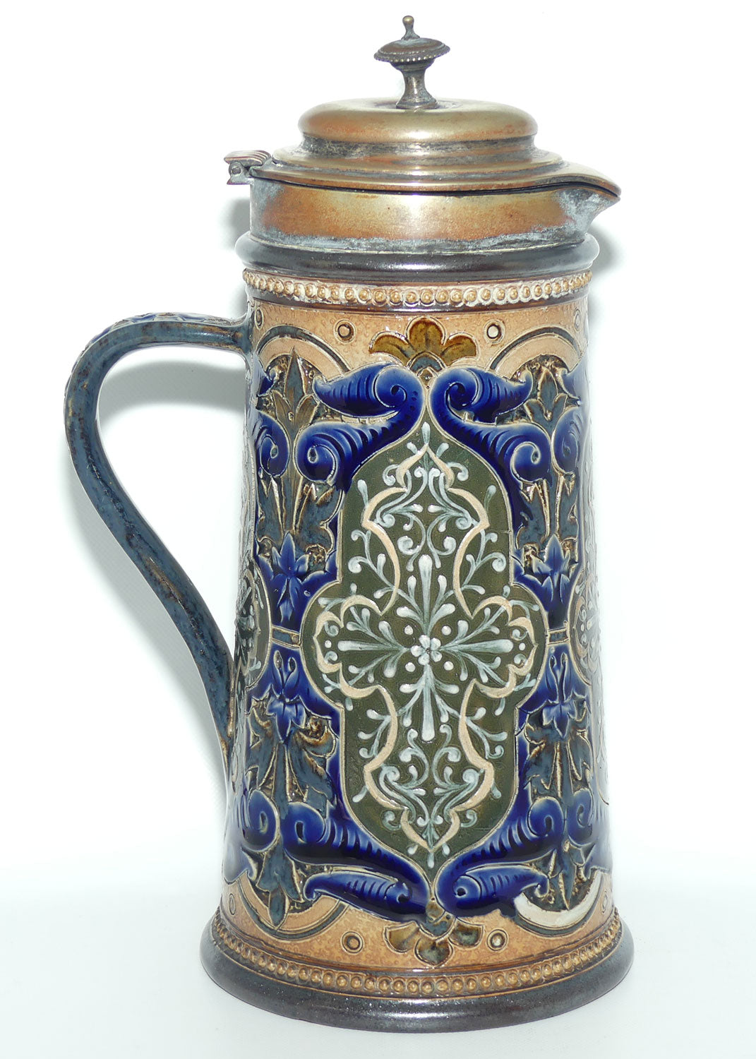 Doulton Lambeth stoneware lidded ale jug with pate-sur-pate cartouches and incised scrollwork  (Parker)
