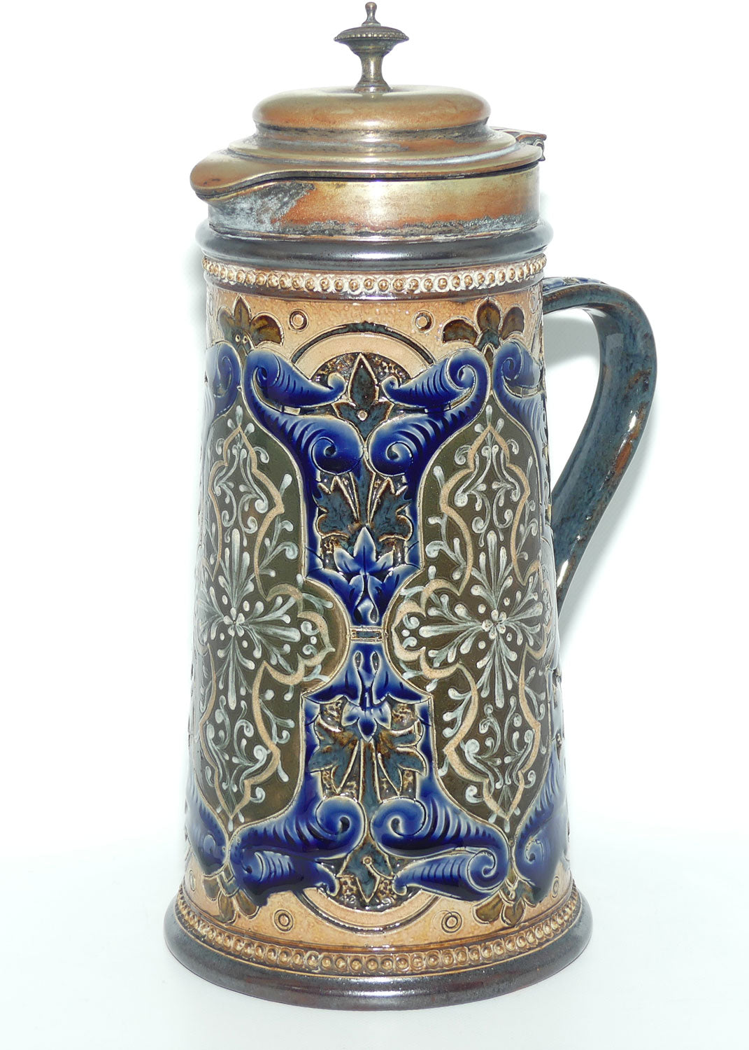 Doulton Lambeth stoneware lidded ale jug with pate-sur-pate cartouches and incised scrollwork  (Parker)