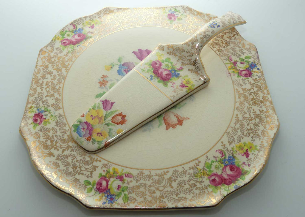 H & K Tunstall Petite Point Tapestry and Floral cake serving tray and server