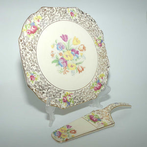 H & K Tunstall Petite Point Tapestry and Floral cake serving tray and server