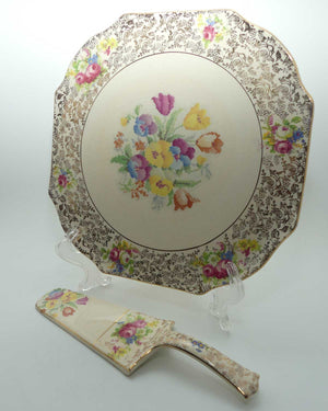 H & K Tunstall Petite Point Tapestry and Floral cake serving tray and server