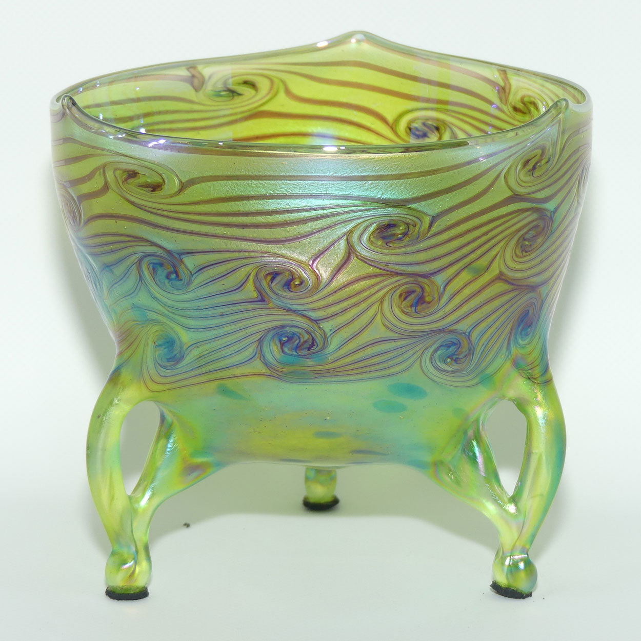 Art Nouveau Jugendstil Iridescent Green Glass Vase on 3 fancy legs with Swirled Peacock Feather pattern