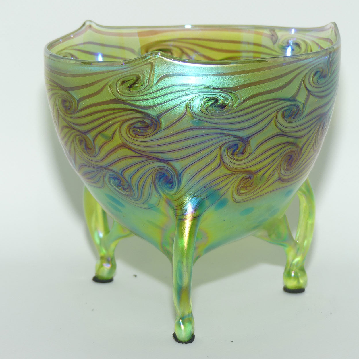 Art Nouveau Jugendstil Iridescent Green Glass Vase on 3 fancy legs with Swirled Peacock Feather pattern