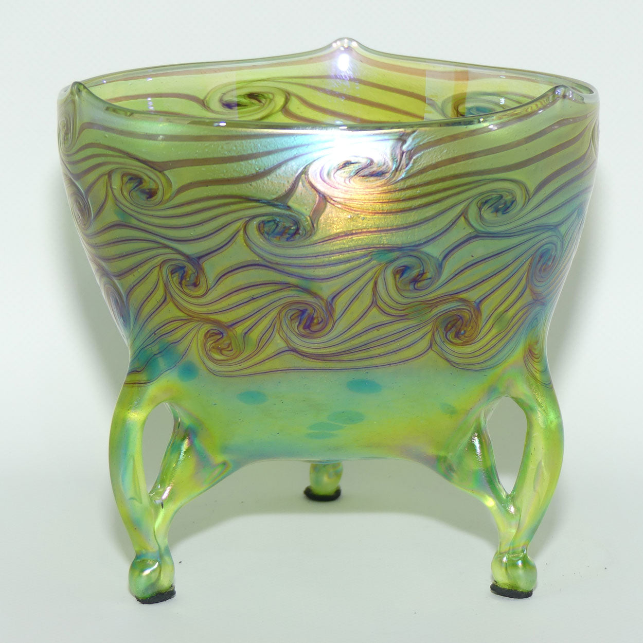 Art Nouveau Jugendstil Iridescent Green Glass Vase on 3 fancy legs with Swirled Peacock Feather pattern