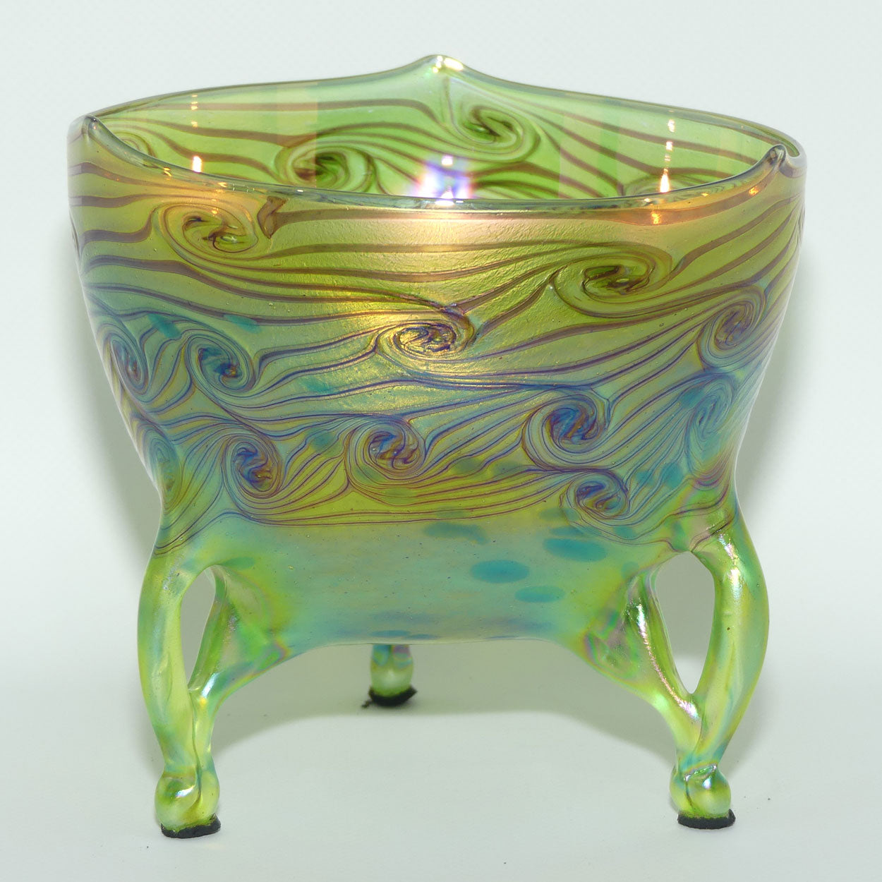 Art Nouveau Jugendstil Iridescent Green Glass Vase on 3 fancy legs with Swirled Peacock Feather pattern