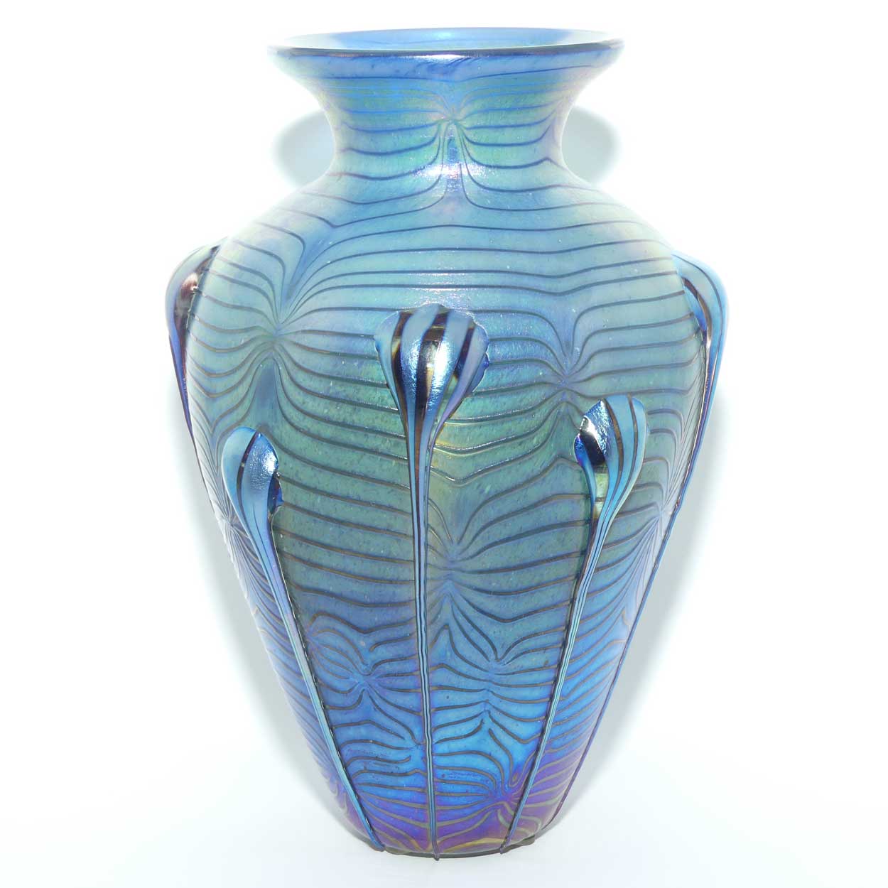 Art Nouveau Jugendstil Iridescent Blue Glass Vase with Swirled Peacock Feather pattern and applied Tadpoles