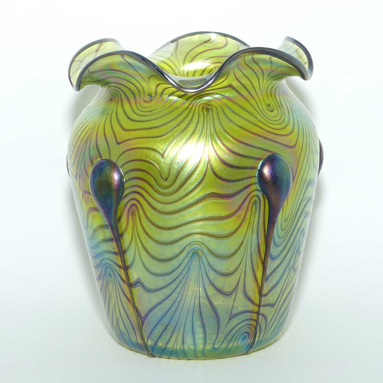Art Nouveau Jugendstil Iridescent Green Glass Vase with Swirled Peacock Feather pattern and applied Tadpoles