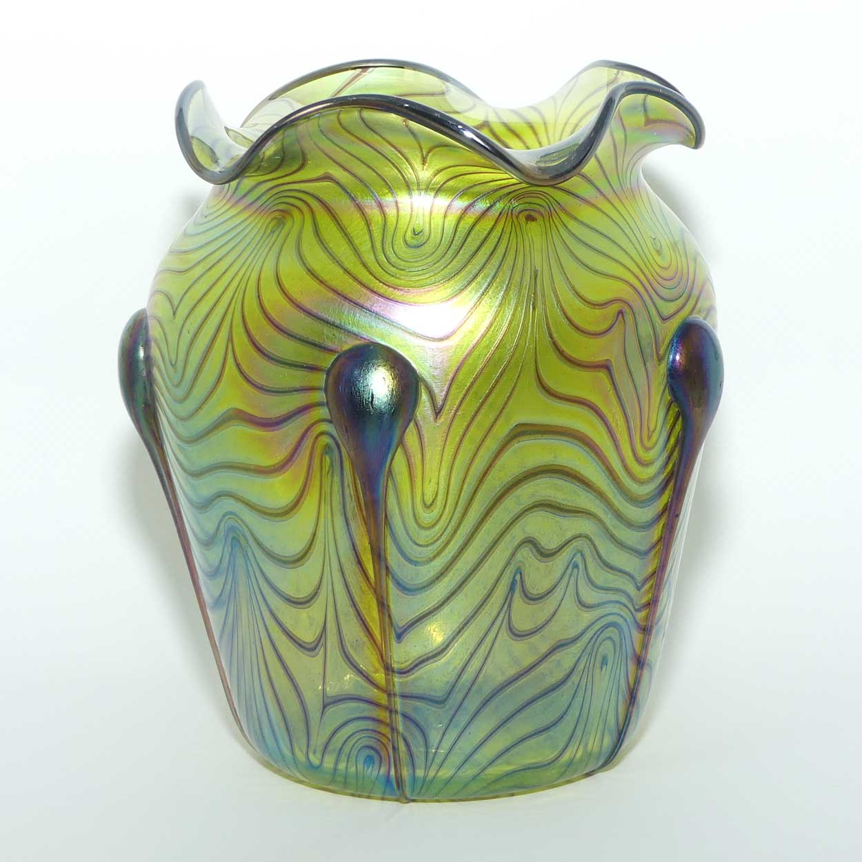 Art Nouveau Jugendstil Iridescent Green Glass Vase with Swirled Peacock Feather pattern and applied Tadpoles