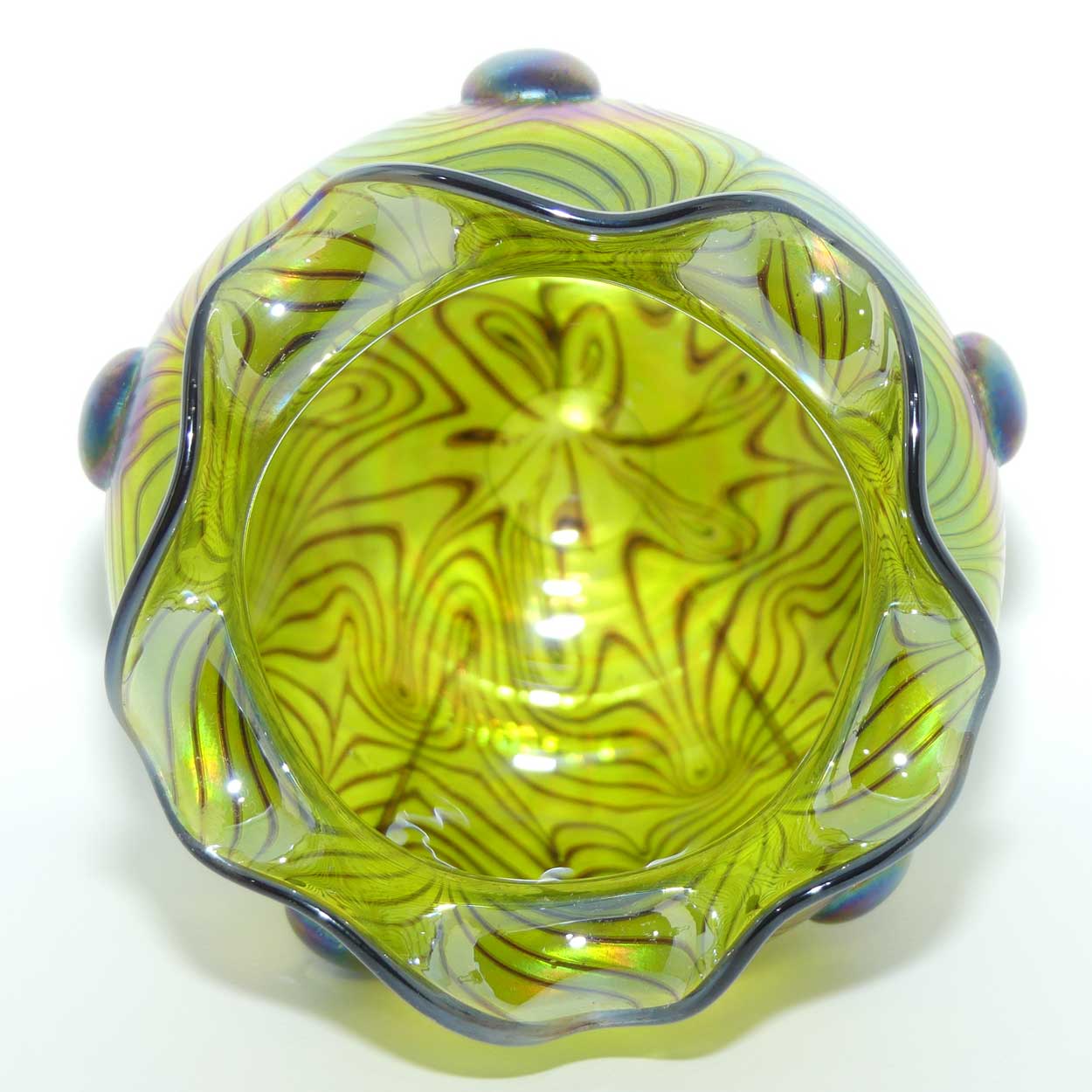 Art Nouveau Jugendstil Iridescent Green Glass Vase with Swirled Peacock Feather pattern and applied Tadpoles