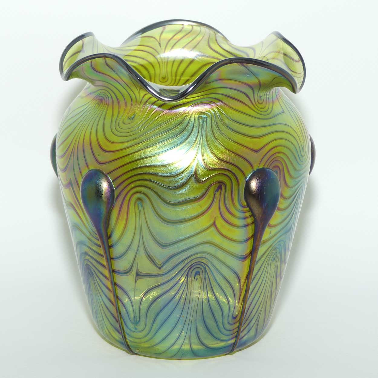 Art Nouveau Jugendstil Iridescent Green Glass Vase with Swirled Peacock Feather pattern and applied Tadpoles