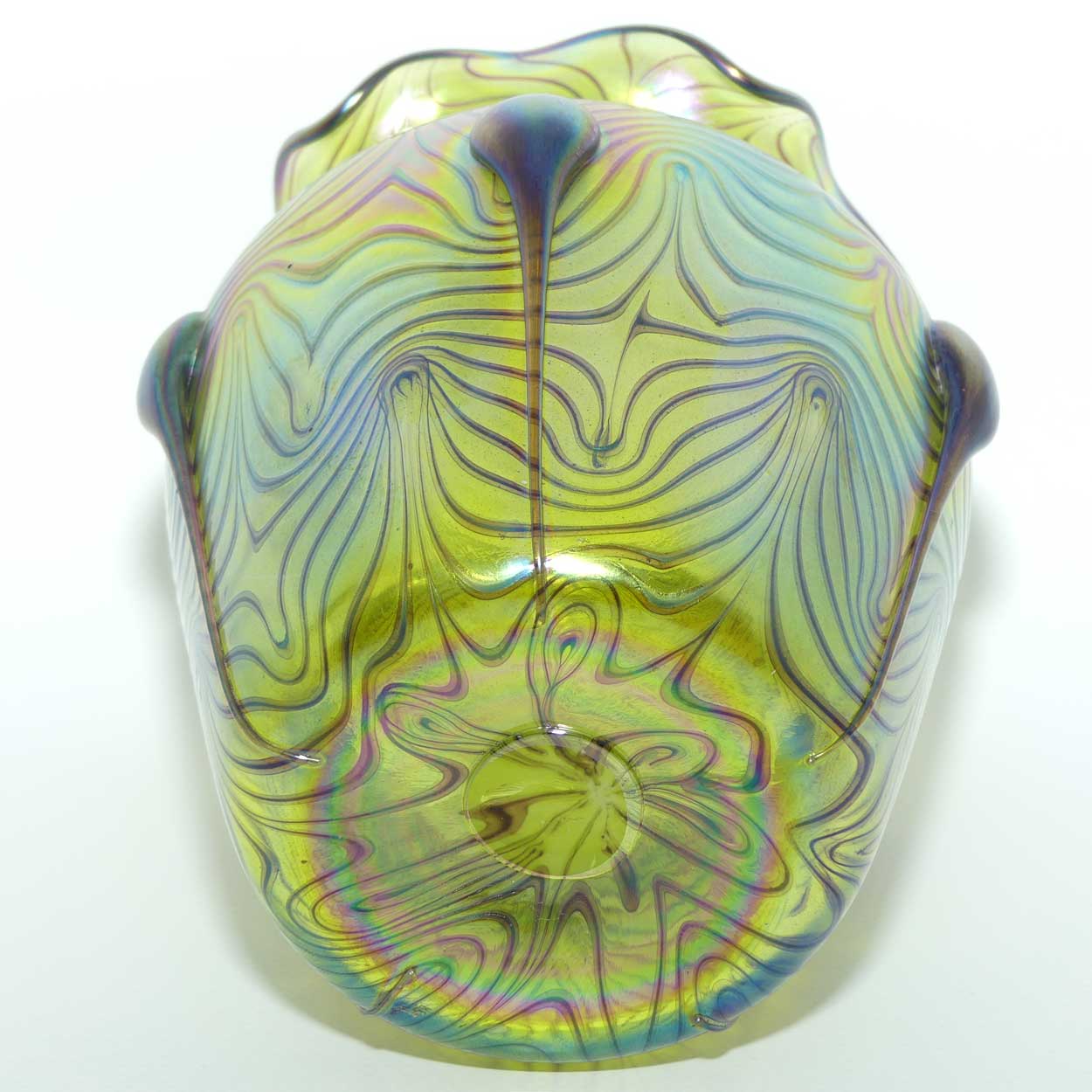 Art Nouveau Jugendstil Iridescent Green Glass Vase with Swirled Peacock Feather pattern and applied Tadpoles