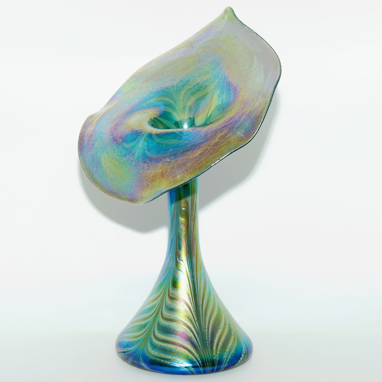 Art Nouveau Favrene glass Jack in the Pulpit vase with Peacock Tones
