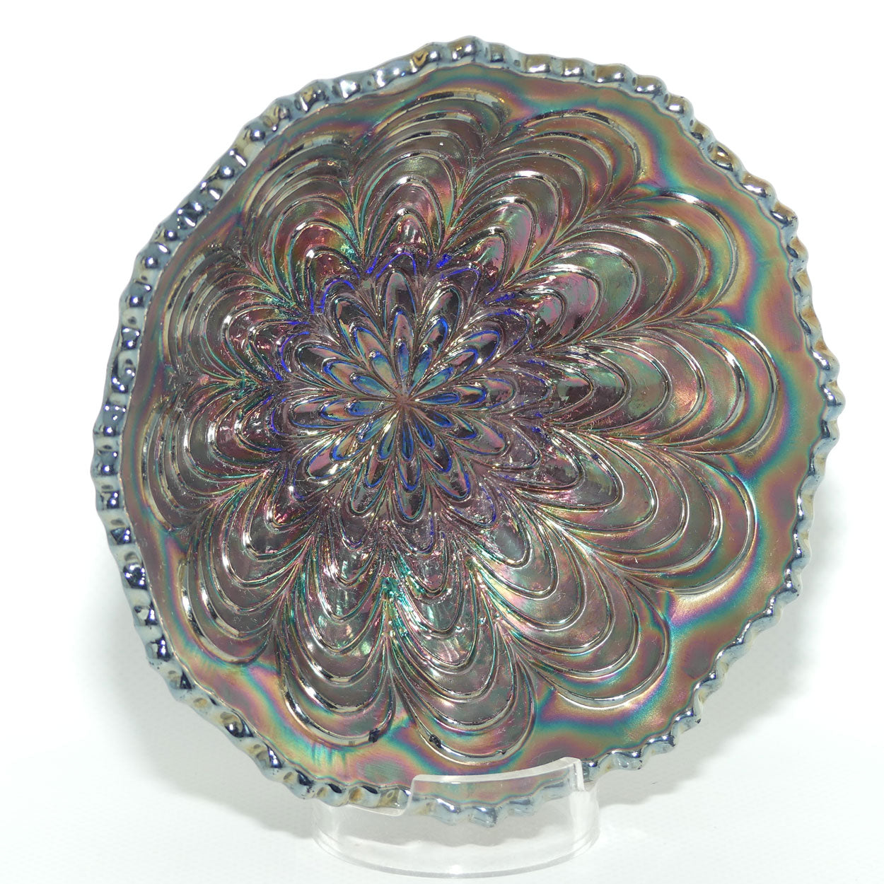 Fenton Carnival Glass bowl | Peacock Tail pattern | Green on Blue colour