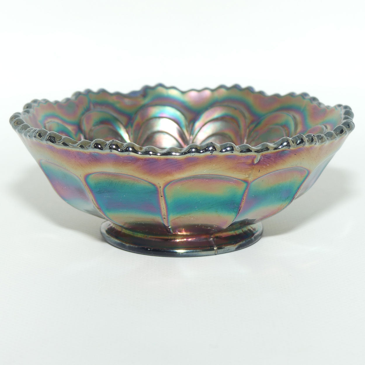 Fenton Carnival Glass bowl | Peacock Tail pattern | Green on Blue colour