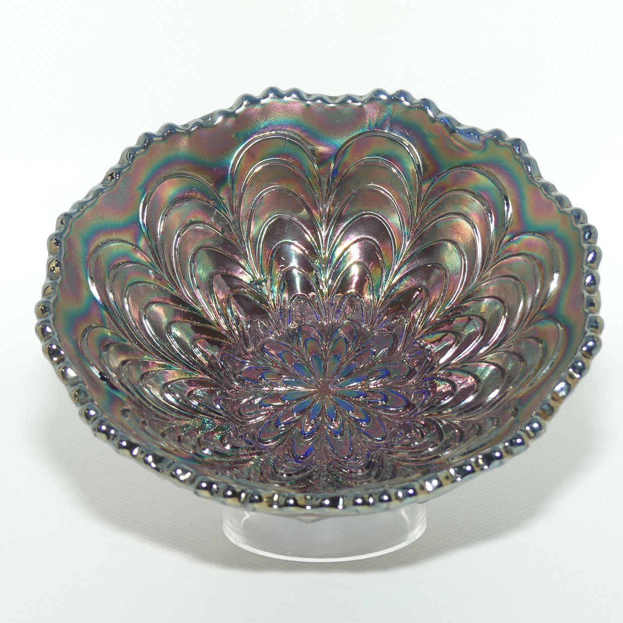 Fenton Carnival Glass bowl | Peacock Tail pattern | Green on Blue colour