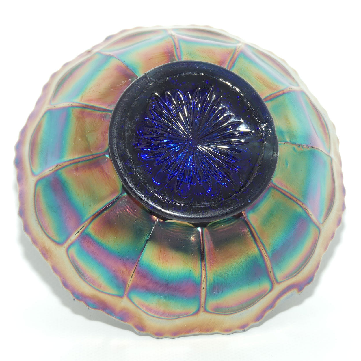 Fenton Carnival Glass bowl | Peacock Tail pattern | Green on Blue colour