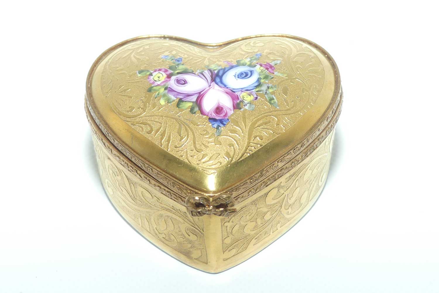 Limoges France Peint Main Heavily Gilt with Floral decor Heart shaped trinket box