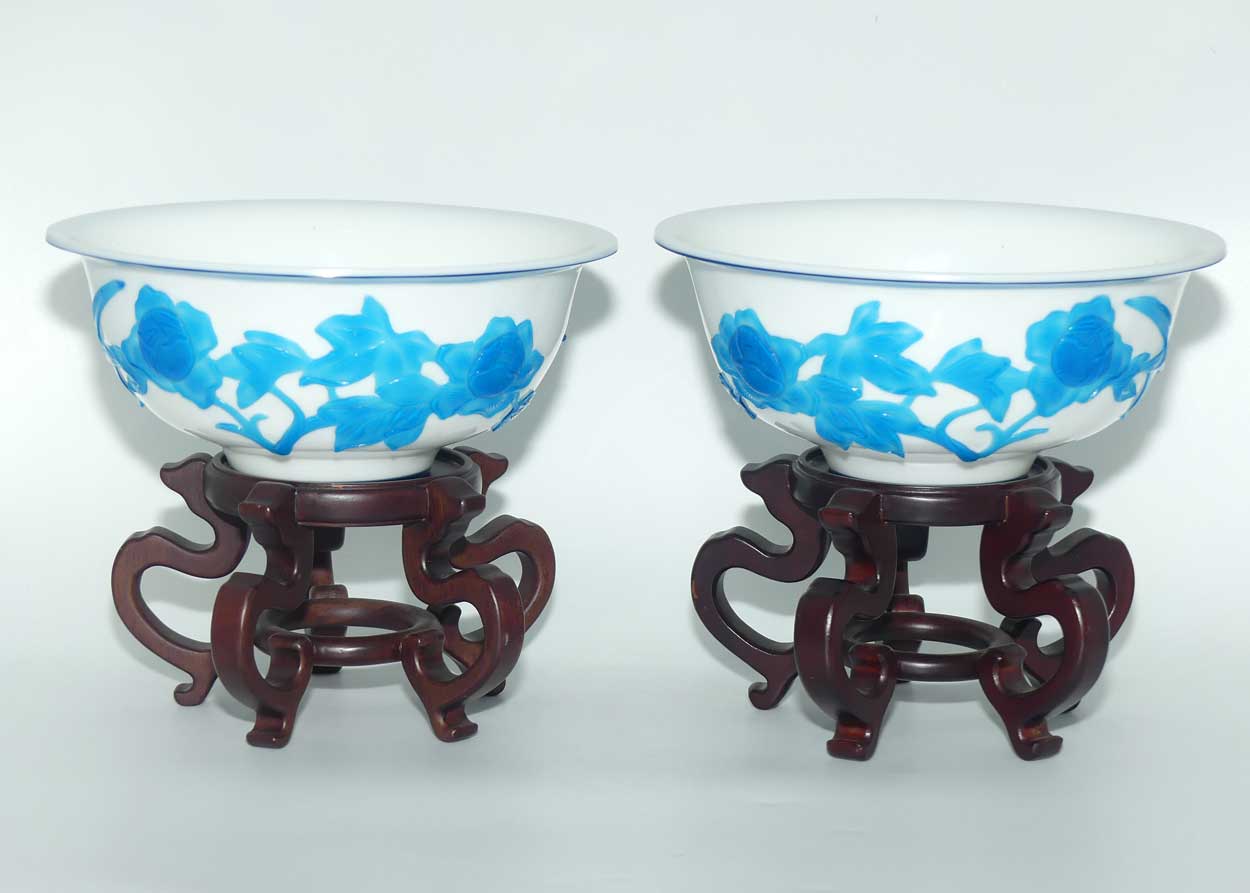 Pair of Peking Glass bowls on wooden stands | Blue over Milk Glass | Qing Dynasty