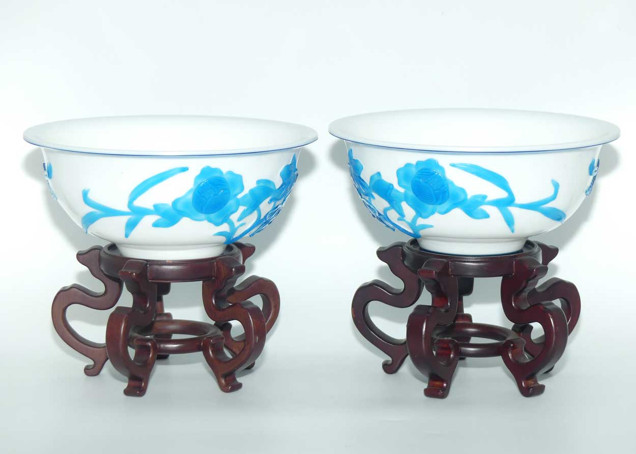 Pair of Peking Glass bowls on wooden stands | Blue over Milk Glass | Qing Dynasty
