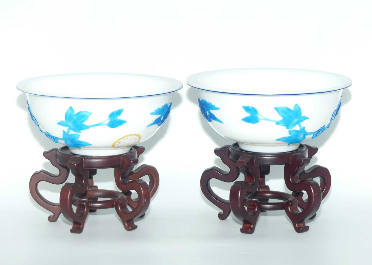 Pair of Peking Glass bowls on wooden stands | Blue over Milk Glass | Qing Dynasty