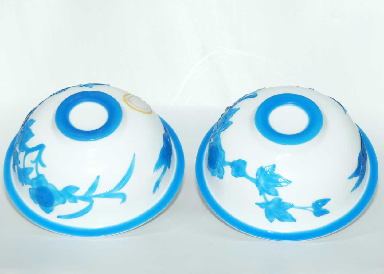 Pair of Peking Glass bowls on wooden stands | Blue over Milk Glass | Qing Dynasty