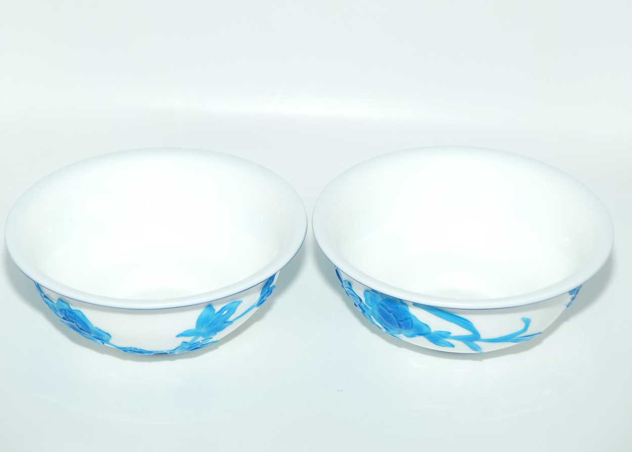 Pair of Peking Glass bowls on wooden stands | Blue over Milk Glass | Qing Dynasty