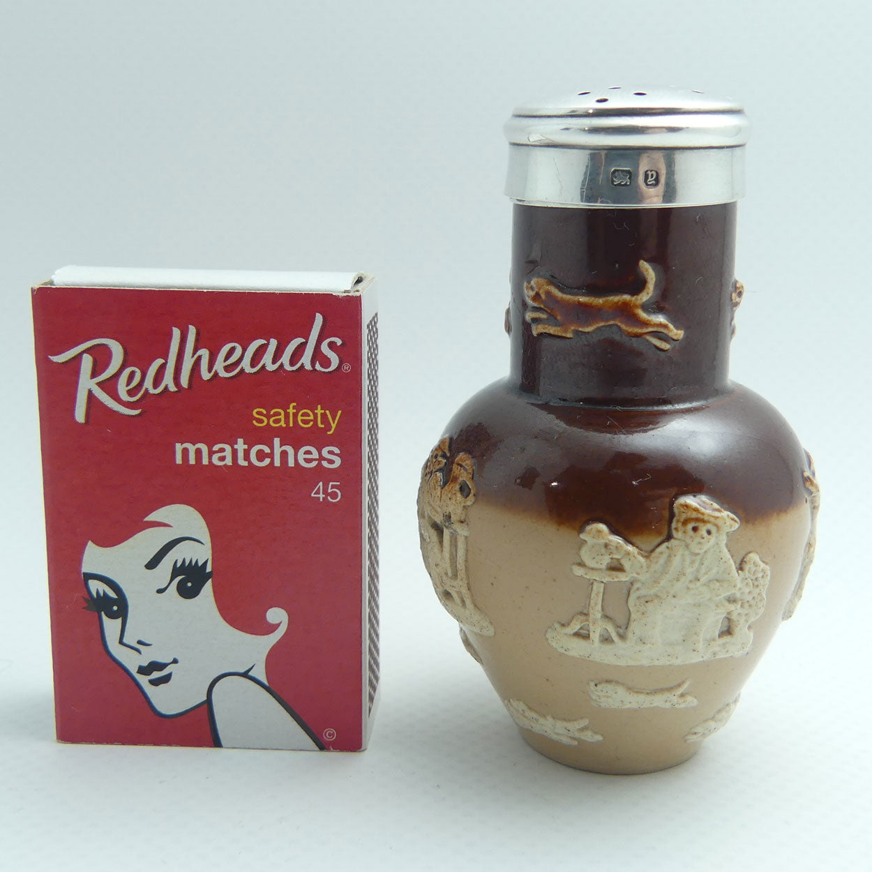 Doulton Lambeth Harvest Hunting pepper pot with Sterling Silver collar and lid | #1 | Birmingham 1898