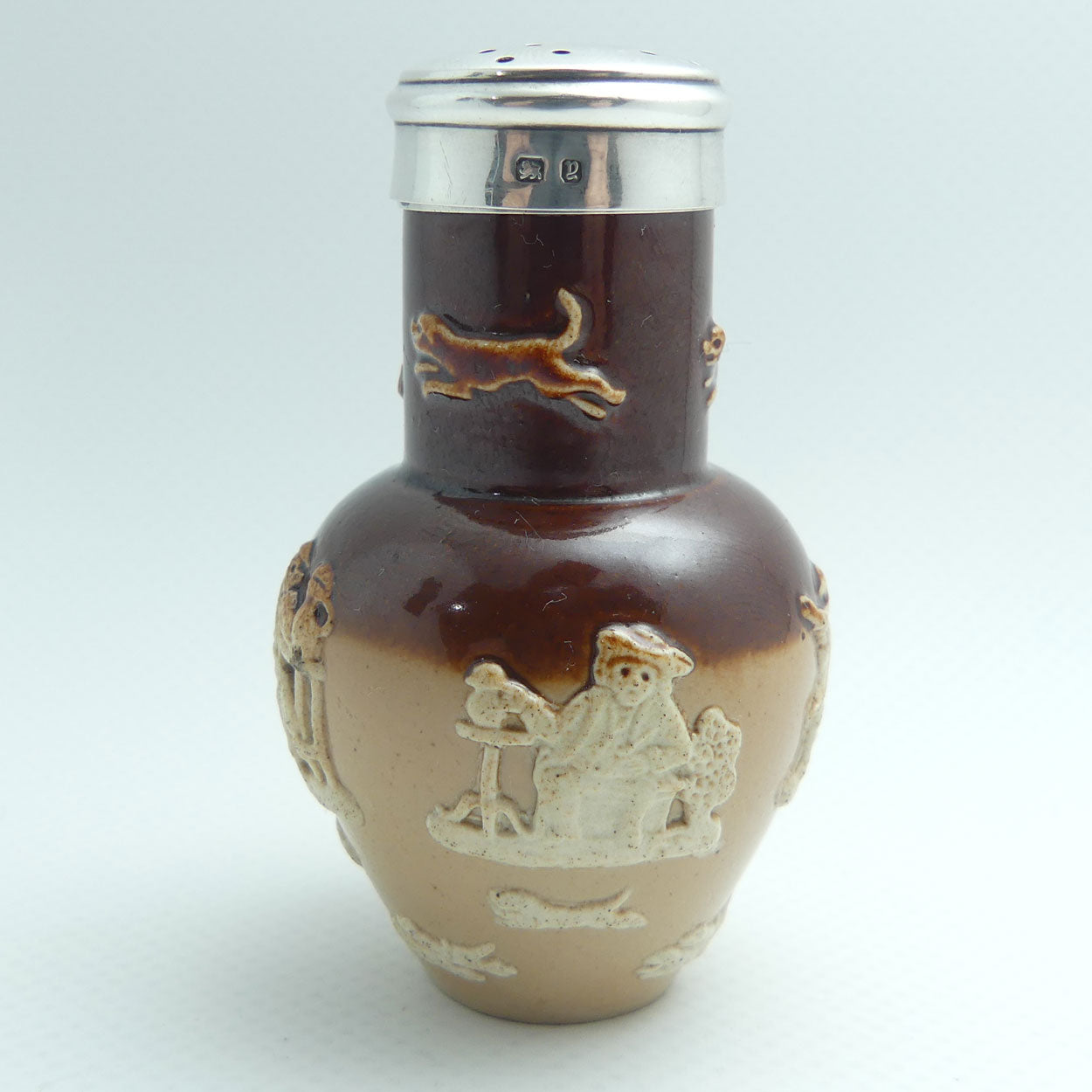 Doulton Lambeth Harvest Hunting pepper pot with Sterling Silver collar and lid | #1 | Birmingham 1898