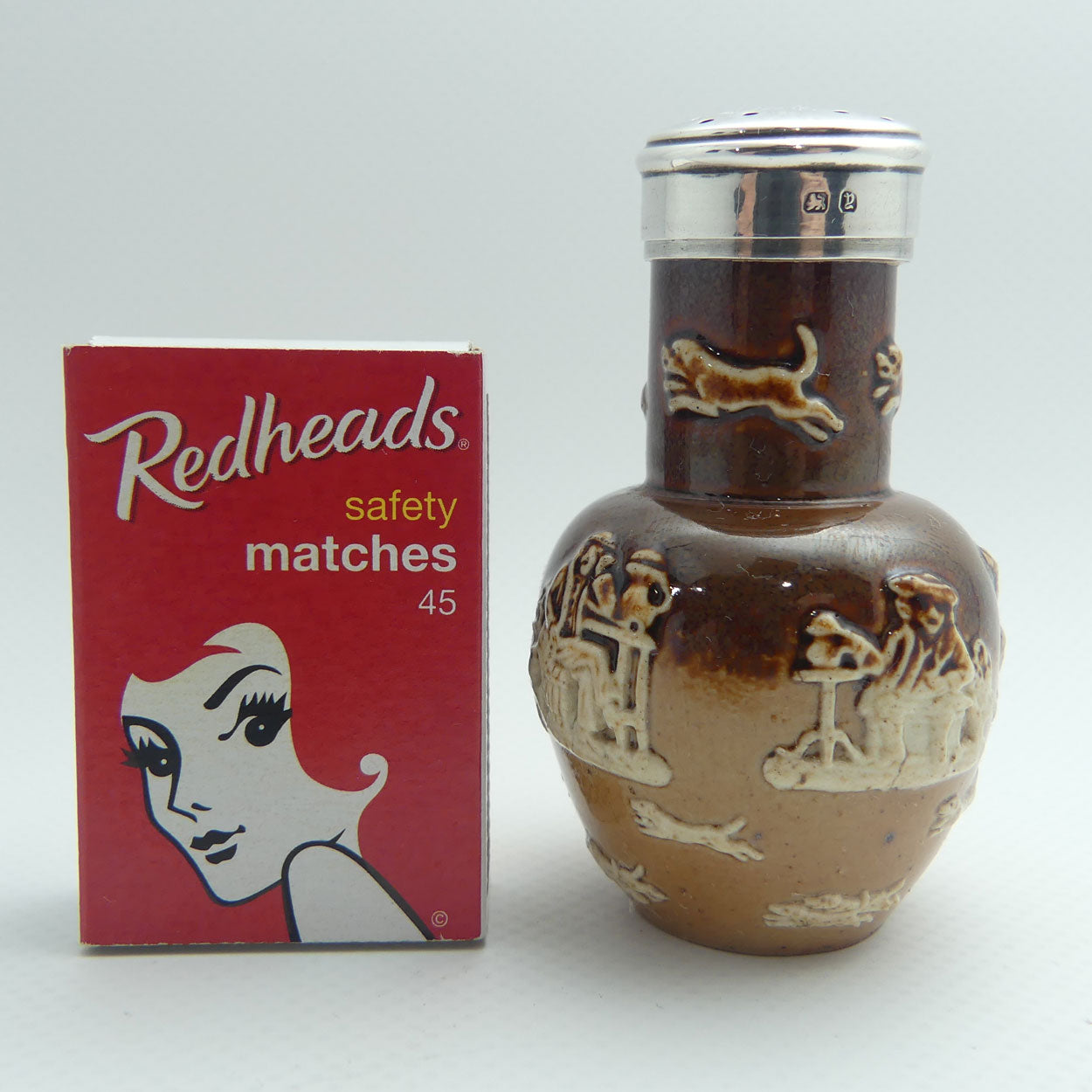 Doulton Lambeth Harvest Hunting pepper pot with Sterling Silver collar and lid | #2 | Birmingham 1898