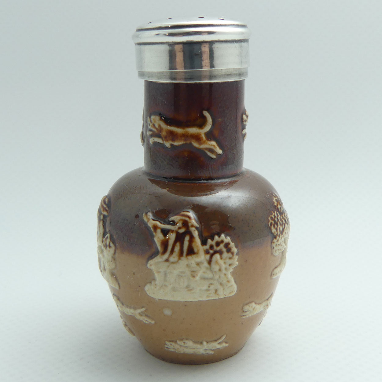 Doulton Lambeth Harvest Hunting pepper pot with Sterling Silver collar and lid | #2 | Birmingham 1898