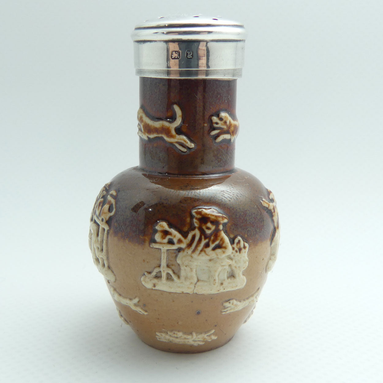 Doulton Lambeth Harvest Hunting pepper pot with Sterling Silver collar and lid | #2 | Birmingham 1898