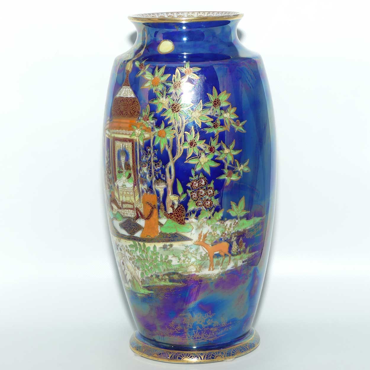 W & R Carlton Ware Persian pattern on Lustre Blue vase | Deer in Foreground | 26cm