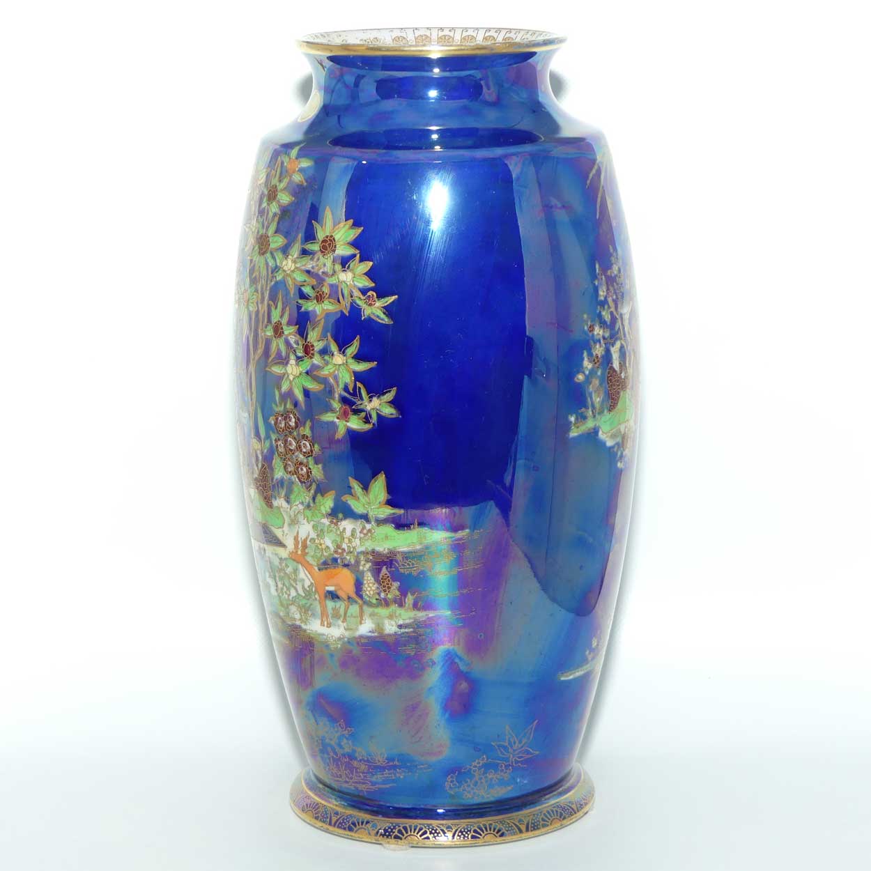 W & R Carlton Ware Persian pattern on Lustre Blue vase | Deer in Foreground | 26cm