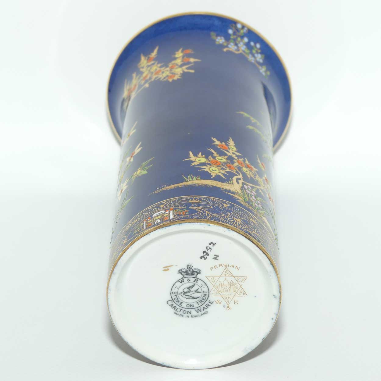 W & R Carlton Ware Persian pattern on Dark Blue trumpet vase | 21cm