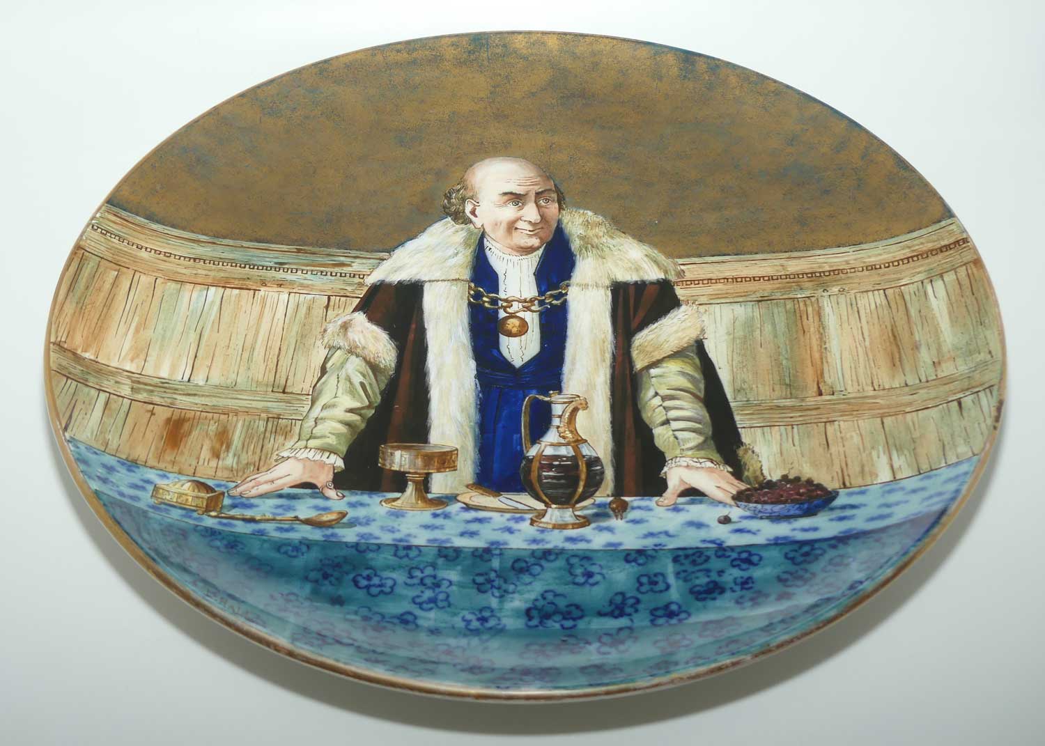 Doulton Burslem Faience | Pinder Bourne charger | Christmas with the Guild | Mr Chairman and Gentleman after Henry Stacy Marks RA signed to rear by Lizzie Haughton c.1881 - 1883