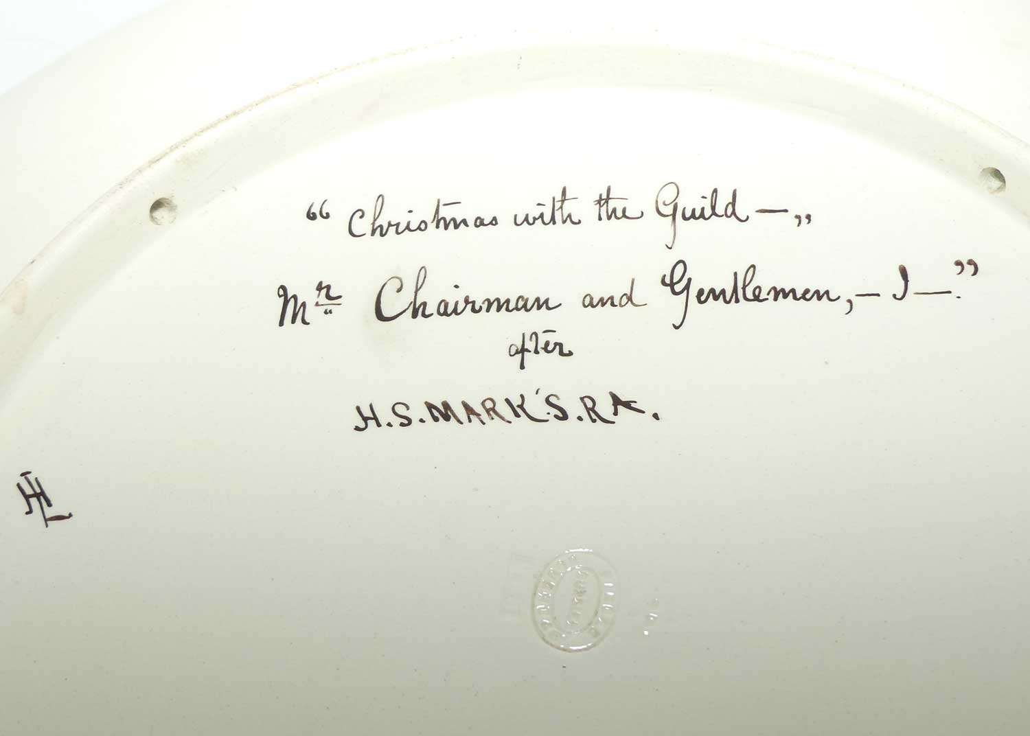 Doulton Burslem Faience | Pinder Bourne charger | Christmas with the Guild | Mr Chairman and Gentleman after Henry Stacy Marks RA signed to rear by Lizzie Haughton c.1881 - 1883