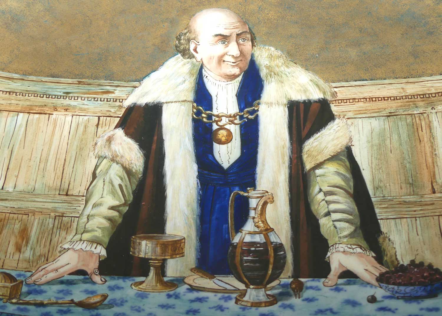 Doulton Burslem Faience | Pinder Bourne charger | Christmas with the Guild | Mr Chairman and Gentleman after Henry Stacy Marks RA signed to rear by Lizzie Haughton c.1881 - 1883