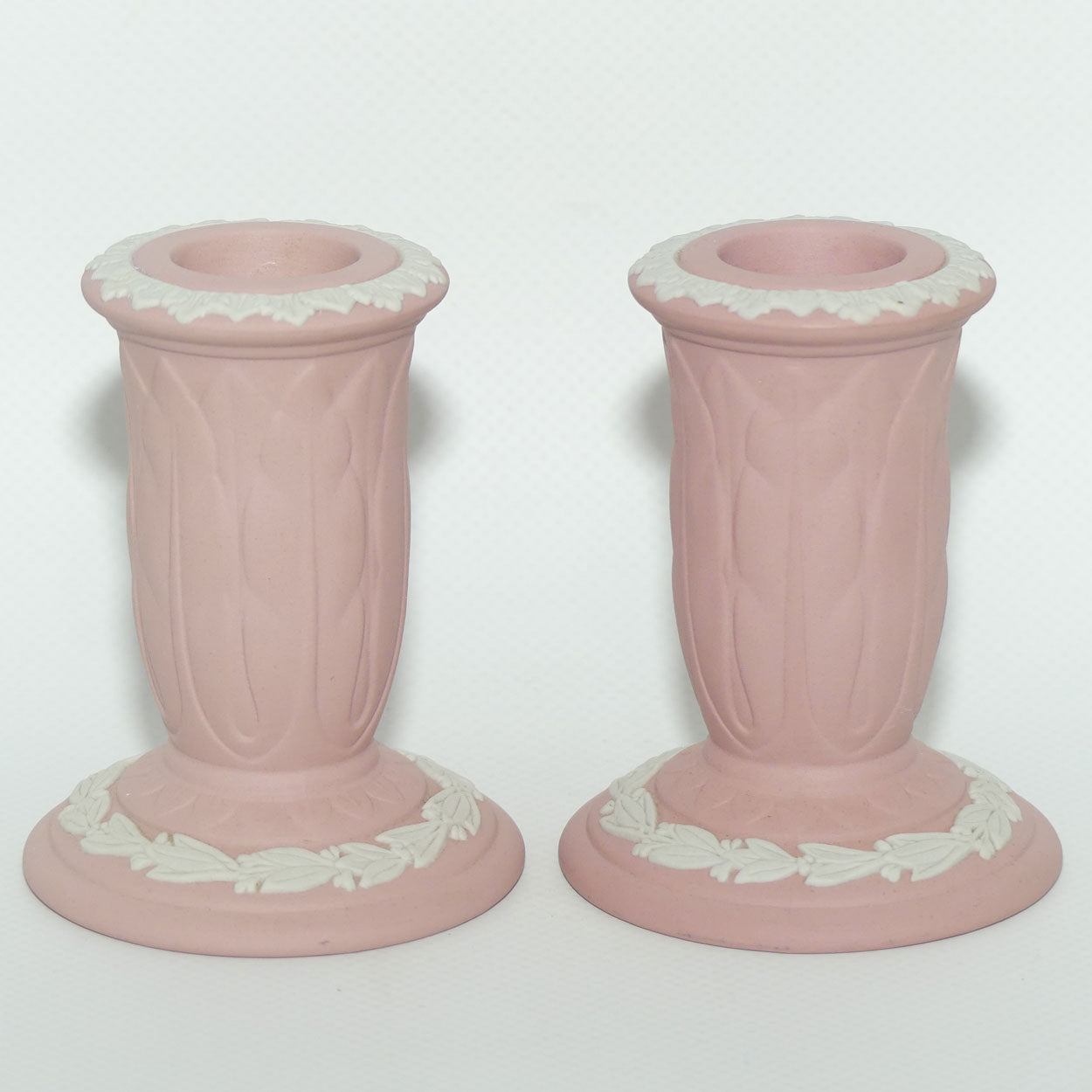 Wedgwood Jasper pair of candlesticks | White on Pink
