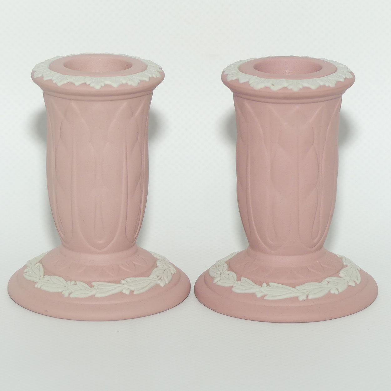 Wedgwood Jasper pair of candlesticks | White on Pink
