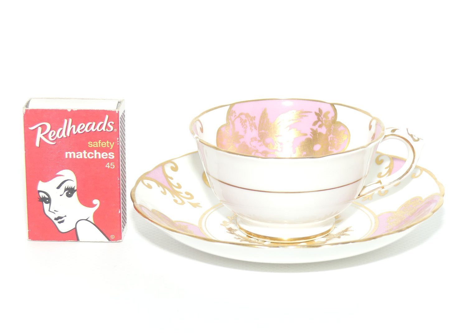 Tuscan Bone China demi tasse duo | Pink and White with gilt Bird pattern