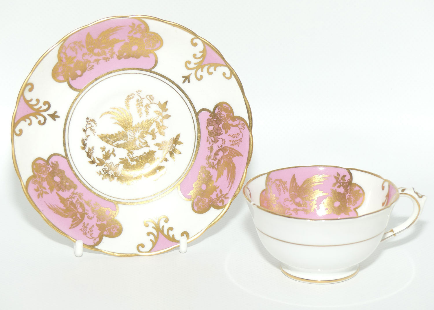 Tuscan Bone China demi tasse duo | Pink and White with gilt Bird pattern