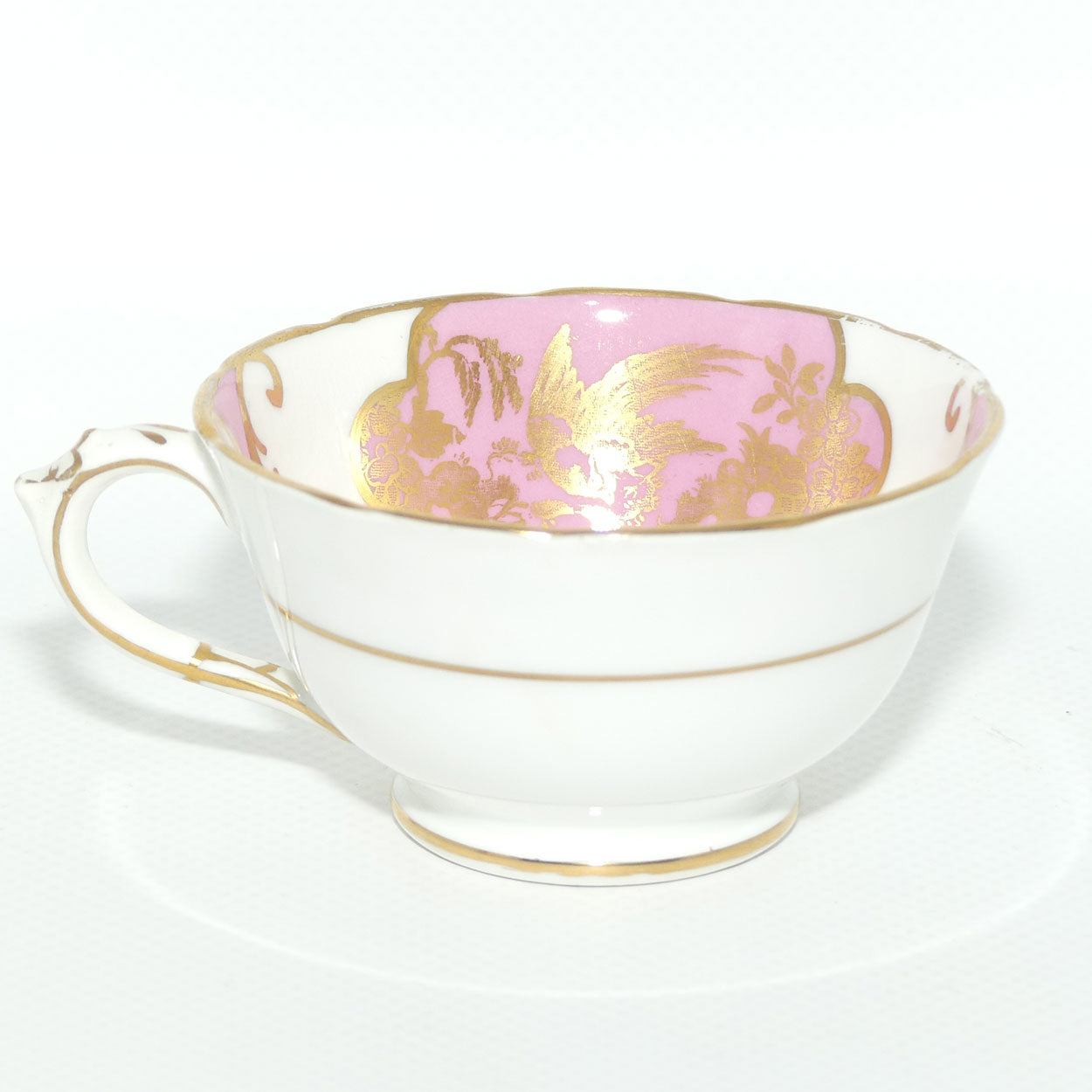 Tuscan Bone China demi tasse duo | Pink and White with gilt Bird pattern