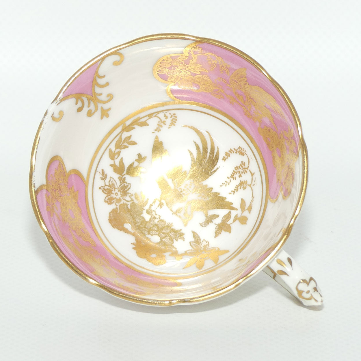 Tuscan Bone China demi tasse duo | Pink and White with gilt Bird pattern