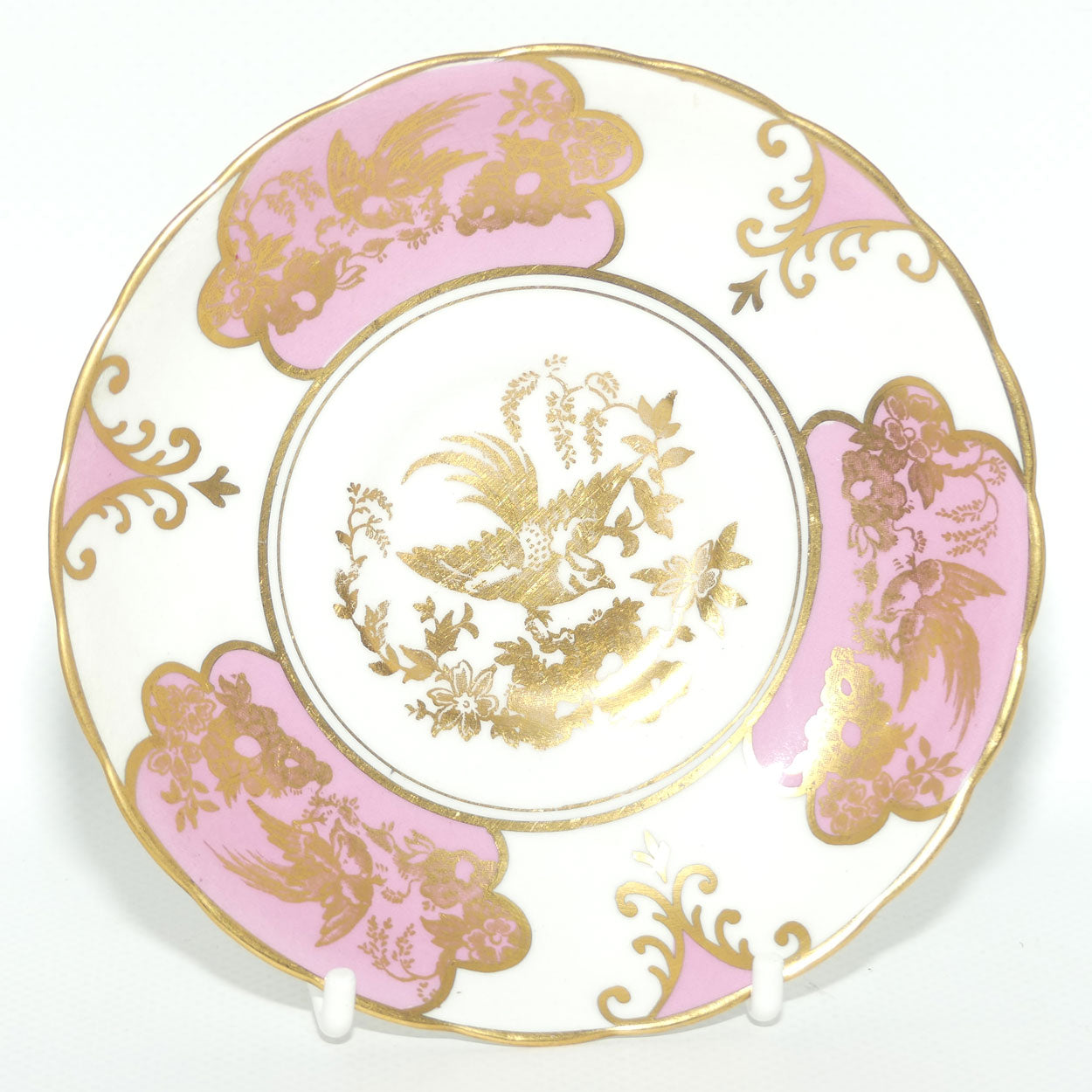 Tuscan Bone China demi tasse duo | Pink and White with gilt Bird pattern