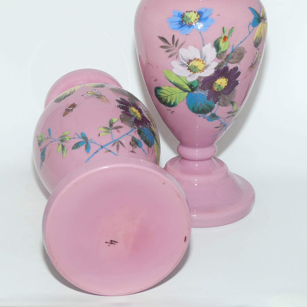 Late Victorian era Pair of Pink glass Hand Enamelled mantle vases | Floral Decor