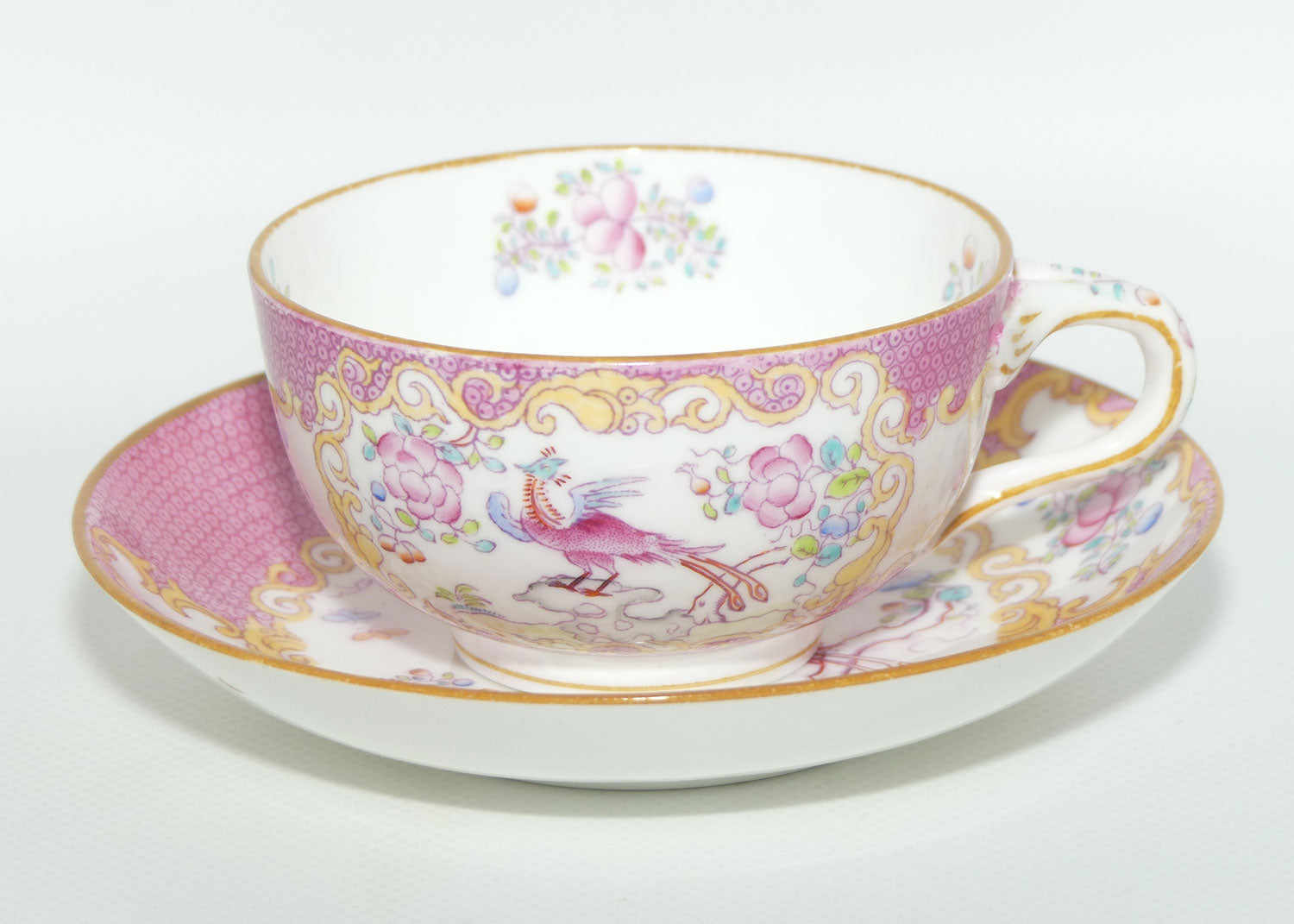 Mintons Pink Asiatic Pheasant tea duo | Fancy handle | c.1915