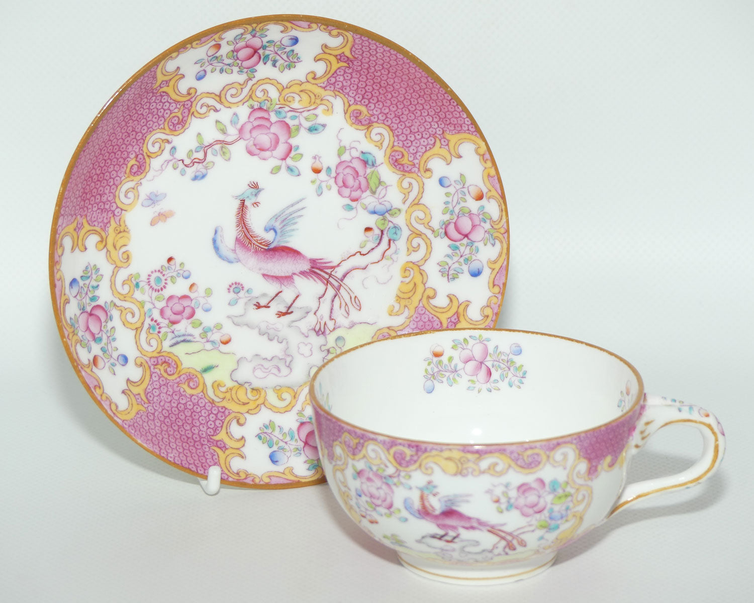 Mintons Pink Asiatic Pheasant tea duo | Fancy handle | c.1915