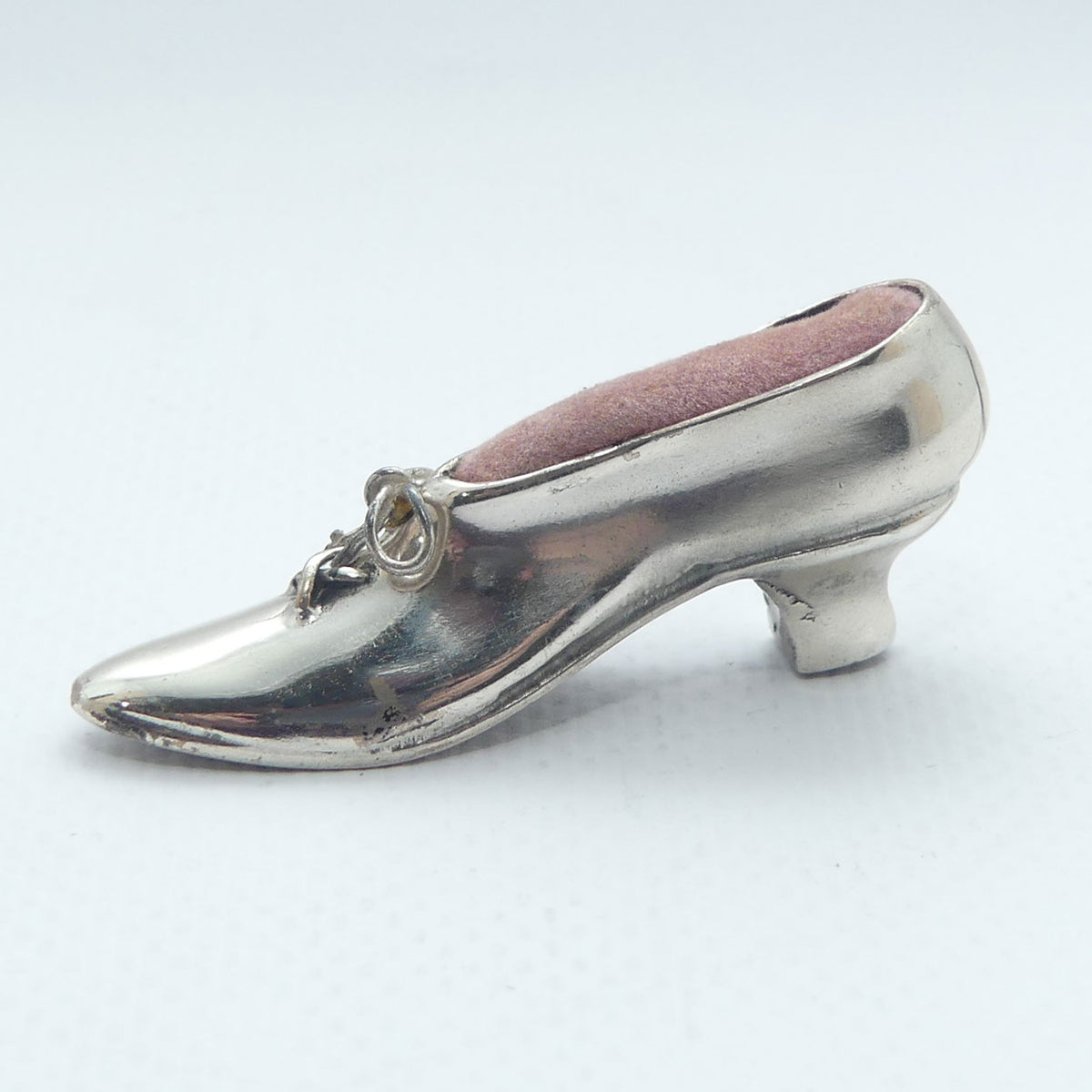 Fine quality Edwardian era Silver Plate slipper pin cushion | Pink Cushion